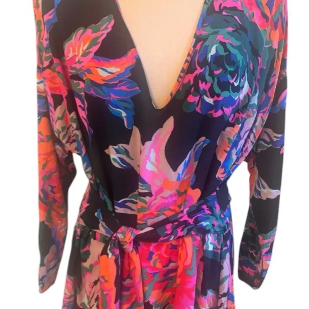 Zara Floral Mini Dress V Neck Tie Back Long Sleeve Size L - Picture 2 of 10